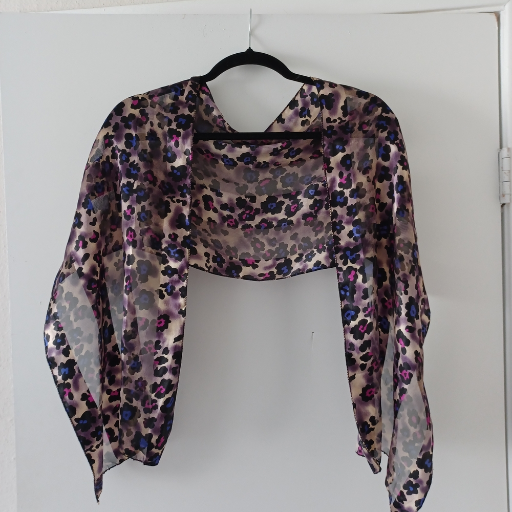 Sheer Floral Scarf Wrap With Purple & Pink Accents